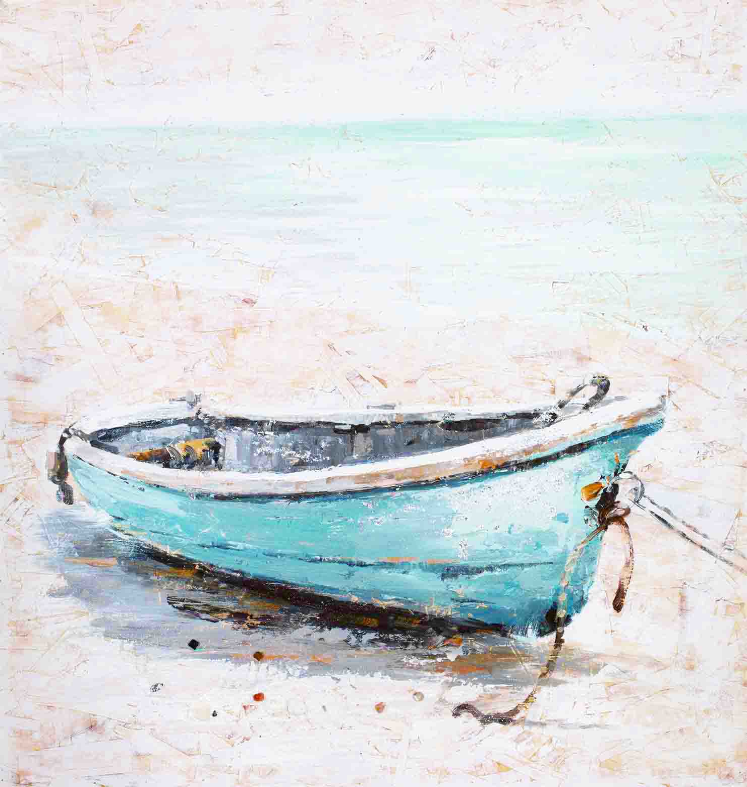 PXYW668 Wall décor art oil on canvas seascape boat on beach blue white tones
